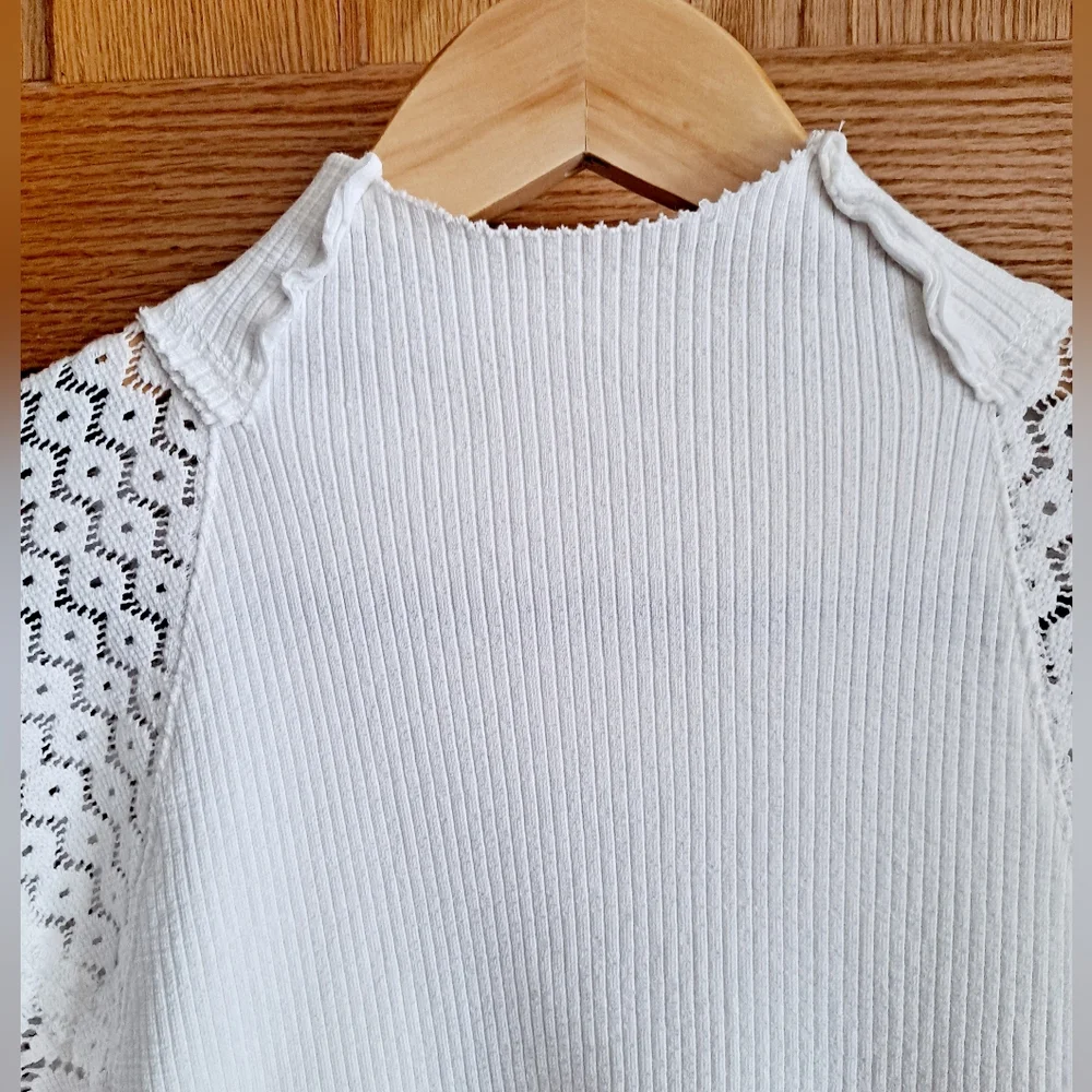 Free People Love Too Much White Mock Neck Top With Lace Sleeves